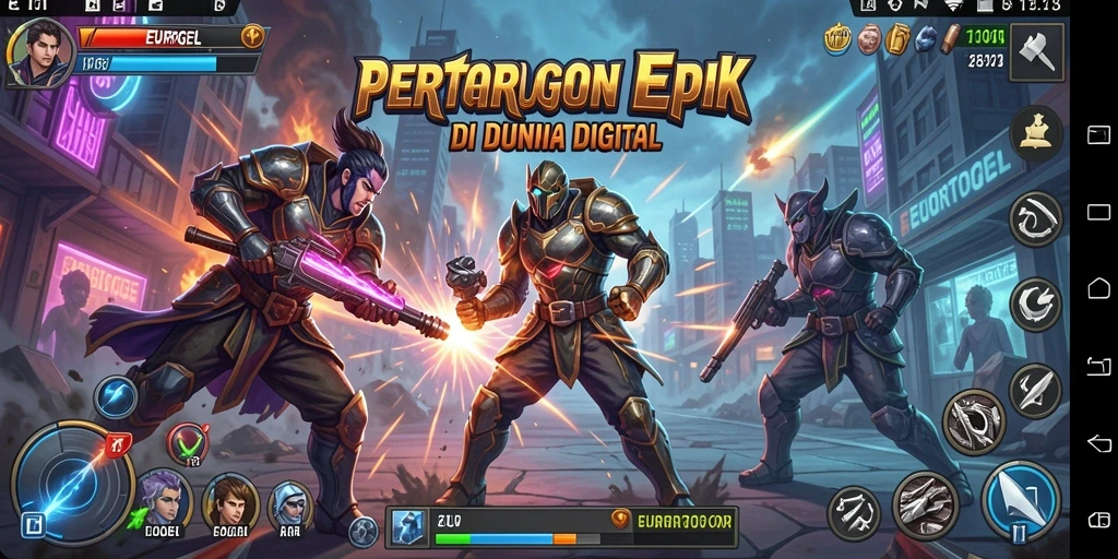 Gameplay <strong>EUROTOGEL</strong> menampilkan pertarungan seru antara karakter berbagai kekuatan.