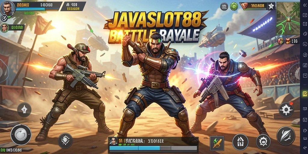 Screenshot JAVASLOT88 menampilkan aksi mendebarkan di arena Battle Royale.
