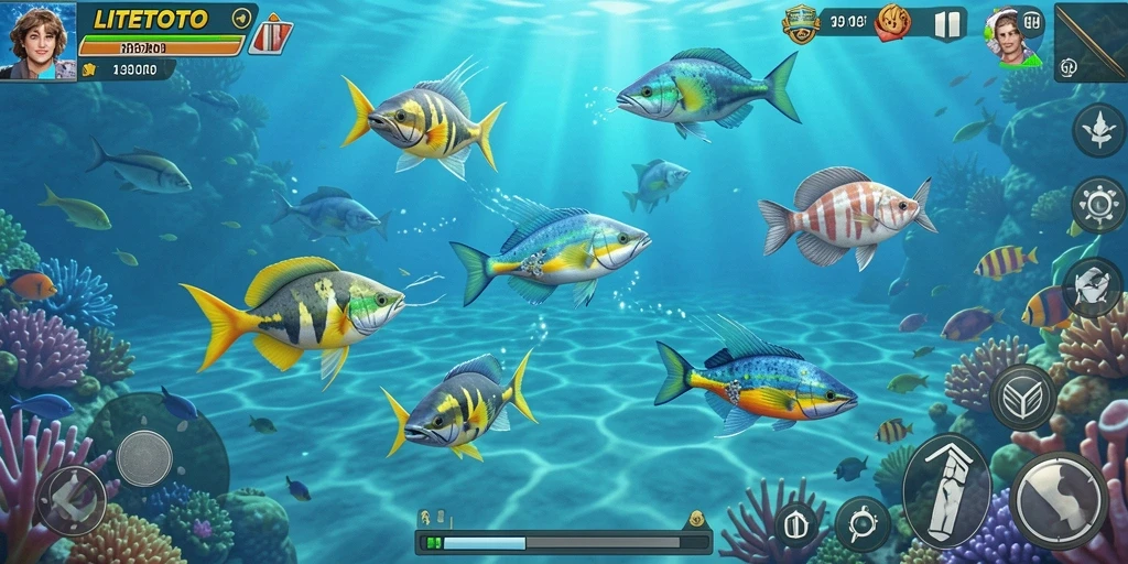 Screenshot gameplay LITETOTO dengan aksi menembak ikan.