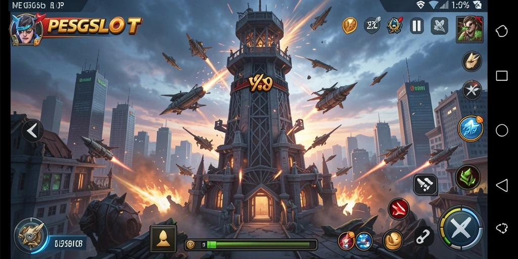 Tangkapan layar utama PESGSLOT menampilkan aksi seru dari gameplay Tower Defense.