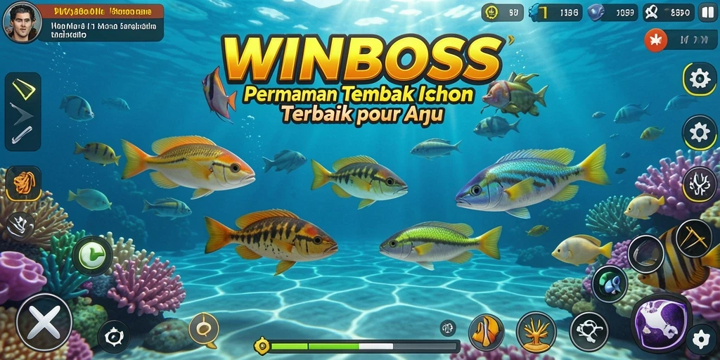 Tangkapan layar gameplay <strong>WINBOSS</strong> menunjukkan keseruan menembak ikan di dunia bawah laut.
