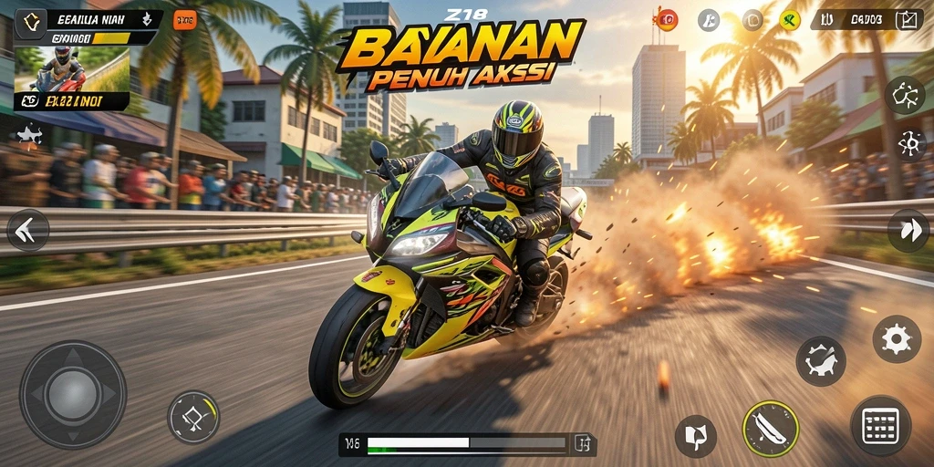 Gameplay Z18 dengan motor balap yang mendebarkan.